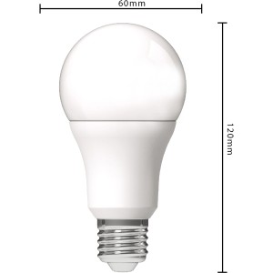 E27 LED Leuchtmittel in Glühlampenform, 13W, warmweißes Licht. Durchmesser 6cm, Länge 12cm.