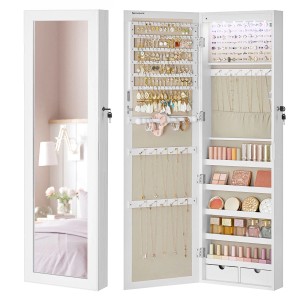 Songmics Schmuckschrank Berit, weiß, zur Wandmontage mit Spiegel und offen mit Schmuck.