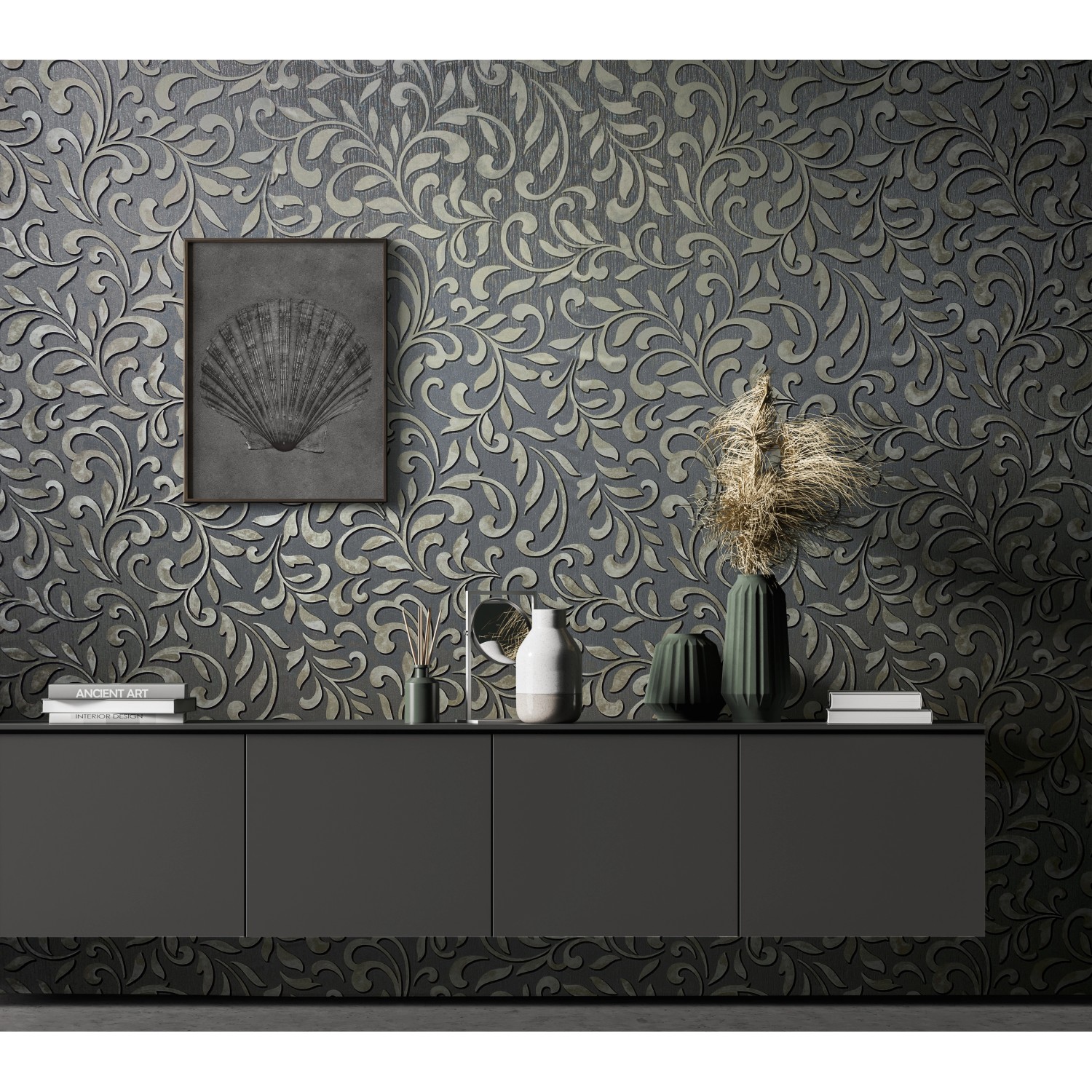 Anthrazitfarbene Marburg Vliestapete mit grafisch-klassischem Muster für stilvolle Wohnräume.