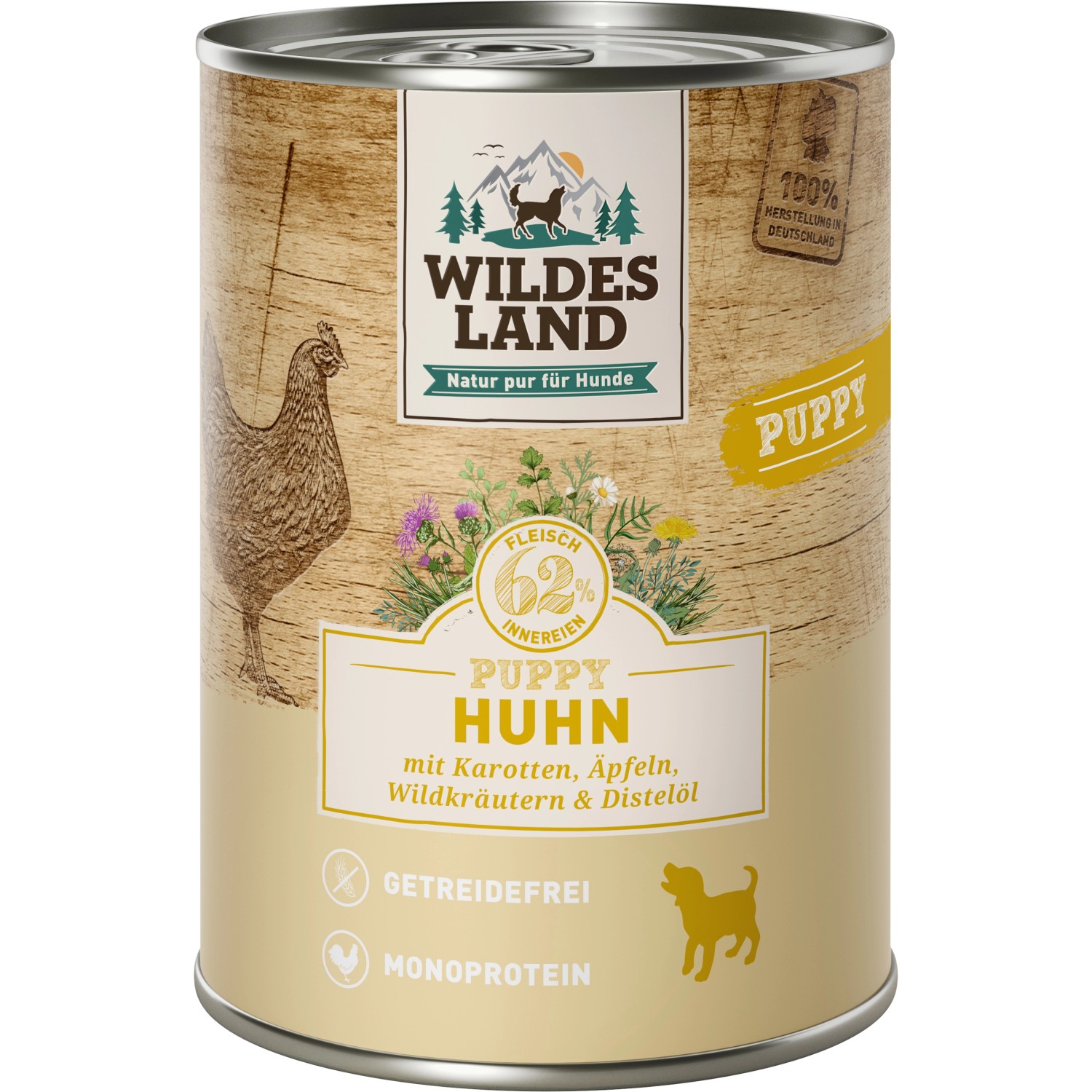 Wildes Land Hunde-Nassfutter Puppy Huhn mit Karotten und Wildkräutern ...