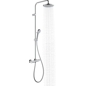 Hansgrohe Duschsystem Vernis Blend 200 mit Kopf- und Handbrause, Thermostat und Wasserstrahl.