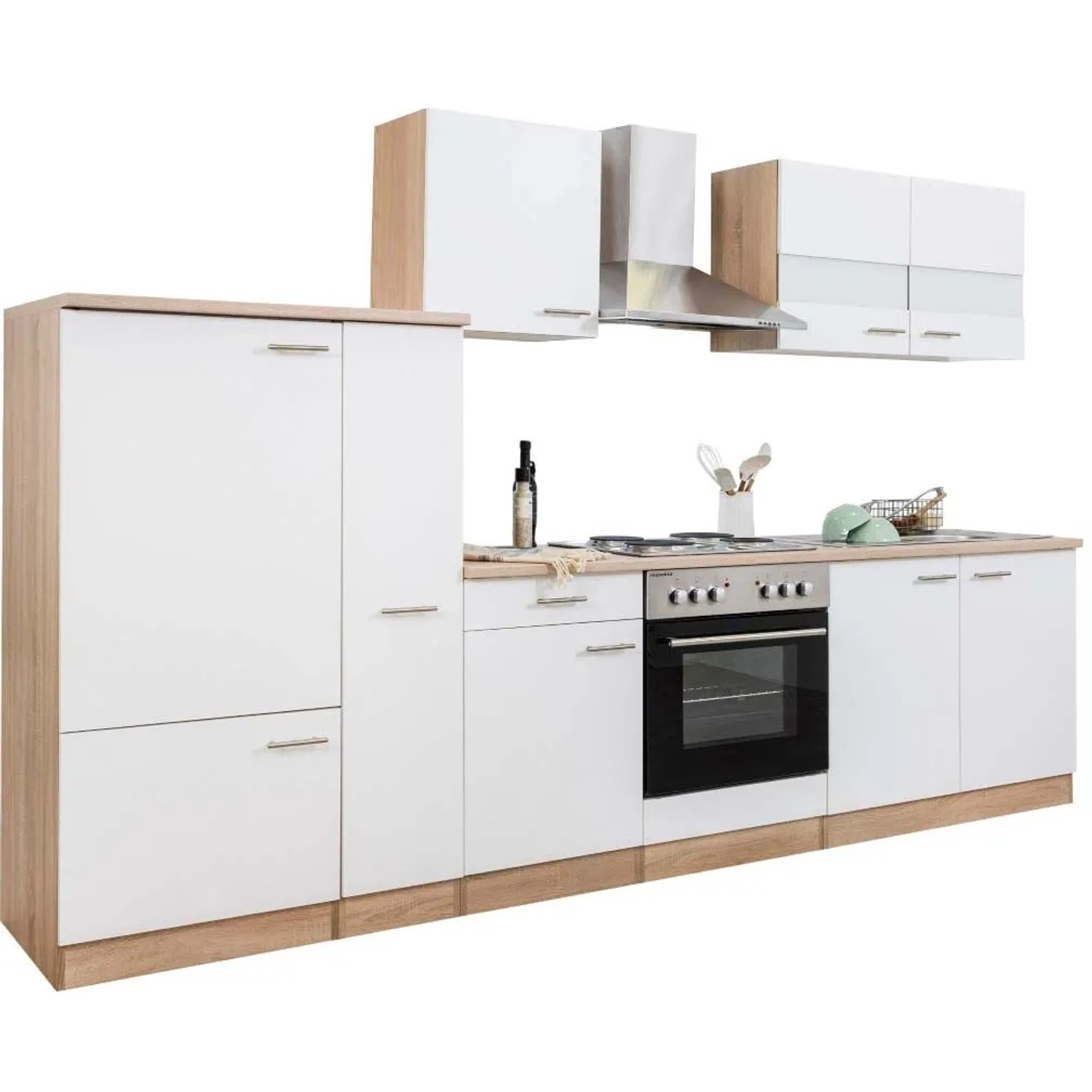 Respekta Küchenzeile 300 cm in Weiß-Eiche Sägerau ohne E-Geräte.