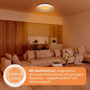 Runde MegaLight LED-Deckenleuchte in Weiß/Cappuccino, dimmbar, mit extra warmweißem Licht im Wohnzimmer.