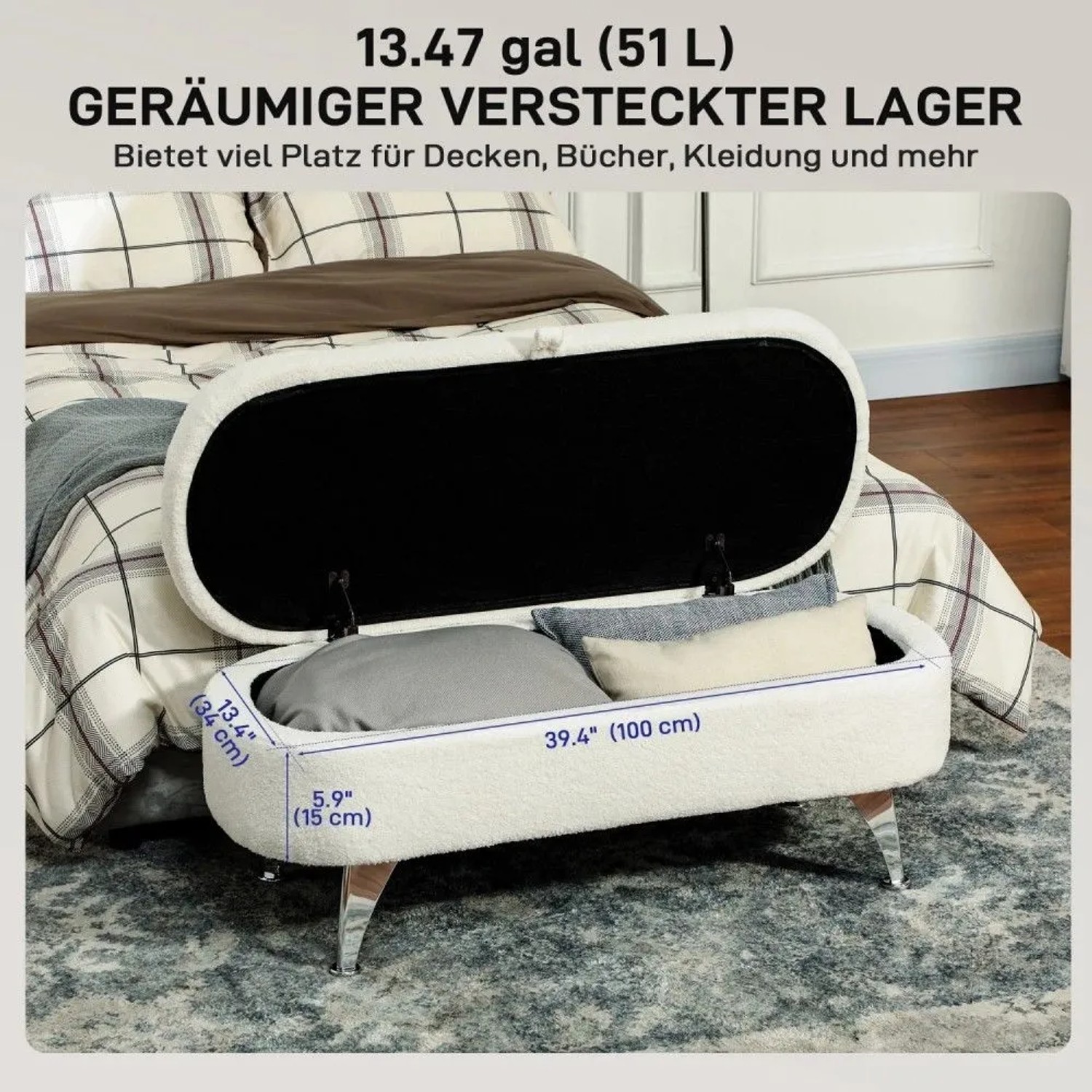 Weiße HOMCOM Sitzbank mit Stauraum, oval, offen mit Kissen, flauschigem Teddysamt und silbernen Metallbeinen. Für Flur/Schlafzimmer.