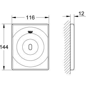 Grohe Tectron Surf Urinal-Elektronik: Schema mit Maßen 116x144x12mm für Rapido U Vorwandelement.