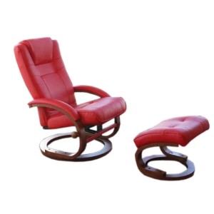 Roter MCW Relaxsessel Aprilia mit Hocker und Holzgestell.