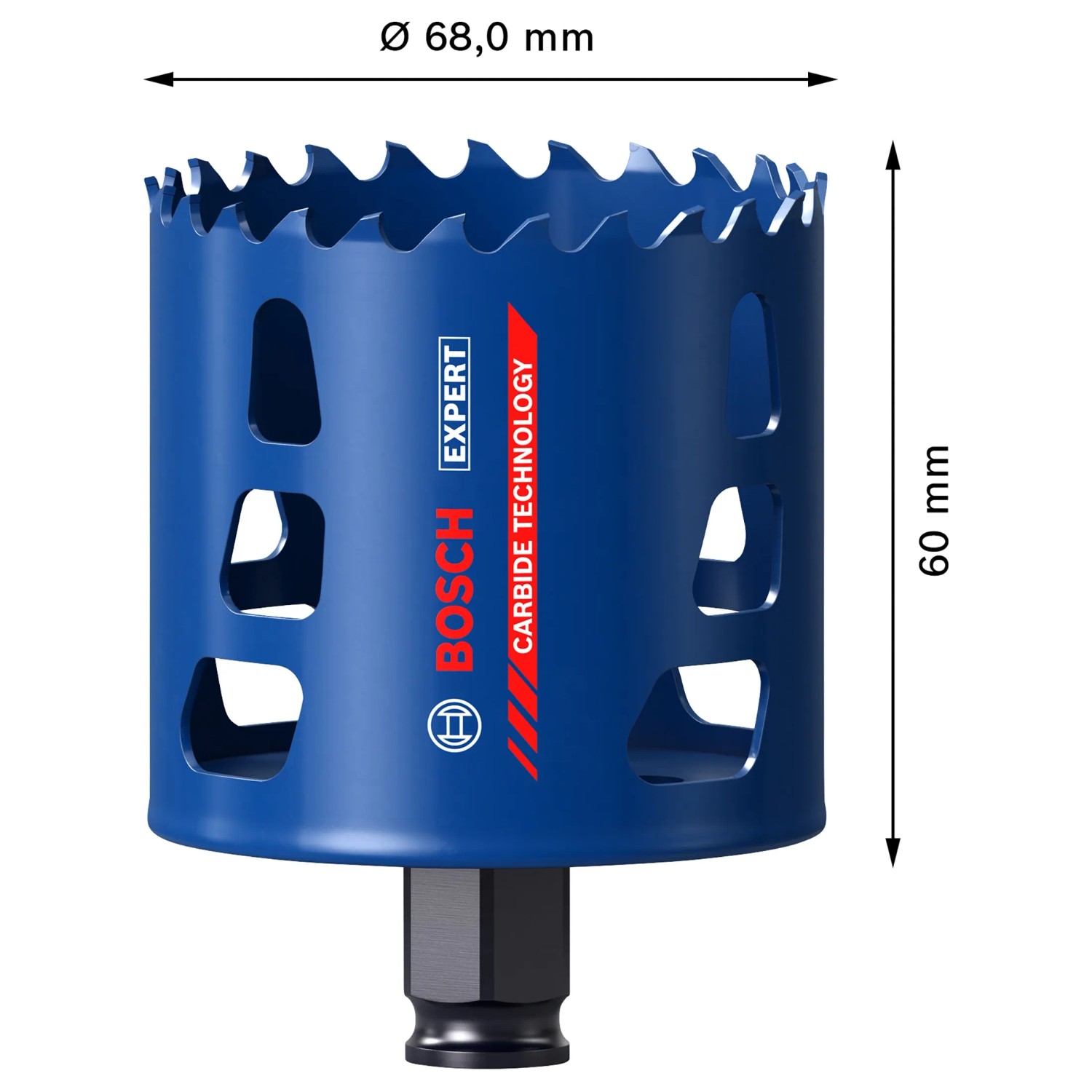 Blaue Bosch Expert Lochsäge Tough Material, Ø 68 mm, für präzise Bohrungen.