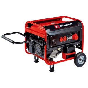 Einhell Benzin-Stromerzeuger TC-PG 65/E5, rot-schwarz, mobil mit Rädern und Klappgriff.