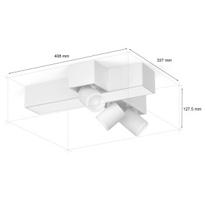 Weiße Philips Hue Centris Cross LED-Deckenleuchte mit 3 Spots und Lightbar, Maße eingezeichnet.