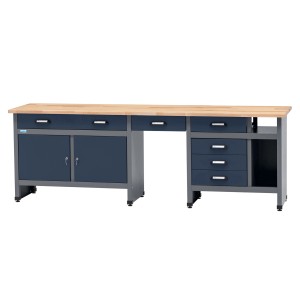 Küpper Werkbank-Set, 6-türig mit 6 Schubladen, 204x240x60 cm, dunkelblau. Werkbank mit Holzplatte.