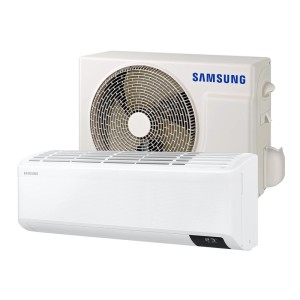 Samsung Split-Klimaanlage Cebu Nasa Set: weißes Innen- und Außengerät. Wandgerät mit digitaler Anzeige, Außengerät mit Lüfter.