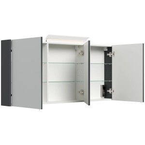 Posseik Spiegelschrank, 140 cm, Grafit, mit LED-Lampe und Glasböden. Offene Türen zeigen Innenleben.