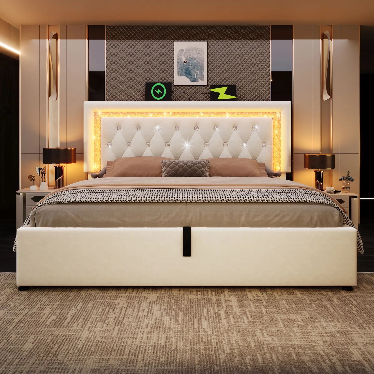 okwish Polsterbett 140x200cm mit LED Stauraum Jugendbett Beige ohne Matratze_3