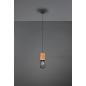 Schwarze Trio Pendelleuchte Tosh mit Holzelement, 1-flammig, für moderne Beleuchtung.