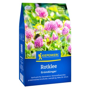 Kiepenkerl Rotklee Gründünger, 400g Packung mit blühendem Klee und Hummel.