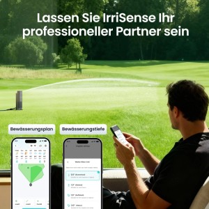 Aiper Irrisense 2 Bewässerungssystem mit App-Steuerung und Rasensprenger im Einsatz.