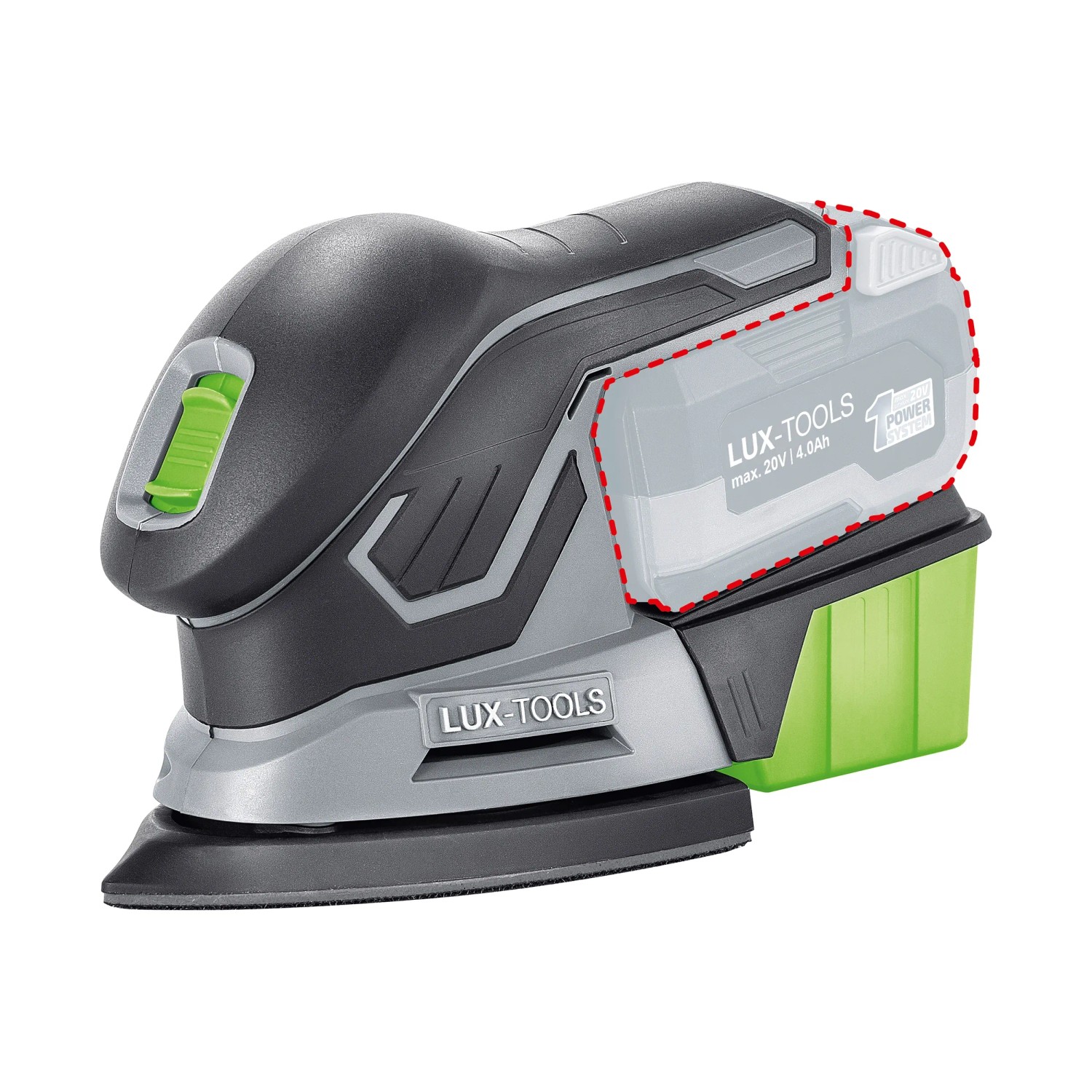 LUX Akku-Multischleifer A-MS-20 mit Akku, Staubfangbox und Staubsaugeranschluss.
