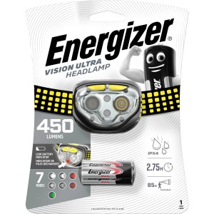 Energizer Vision Ultra Kopflampe mit 3xAAA Batterien für optimale Ausleuchtung.
