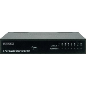 Schwarzer Schwaiger 8-Port Gigabit Netzwerk-Switch für schnelle Datenübertragung im Netzwerk.