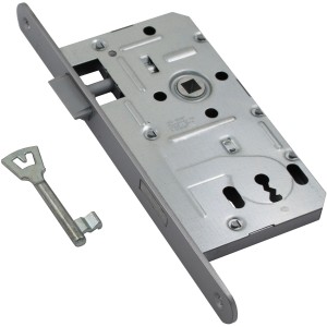 Einsteckschloss für Innentüren mit Buntbart-Einsatz und Schlüssel, passend für DIN links und rechts.