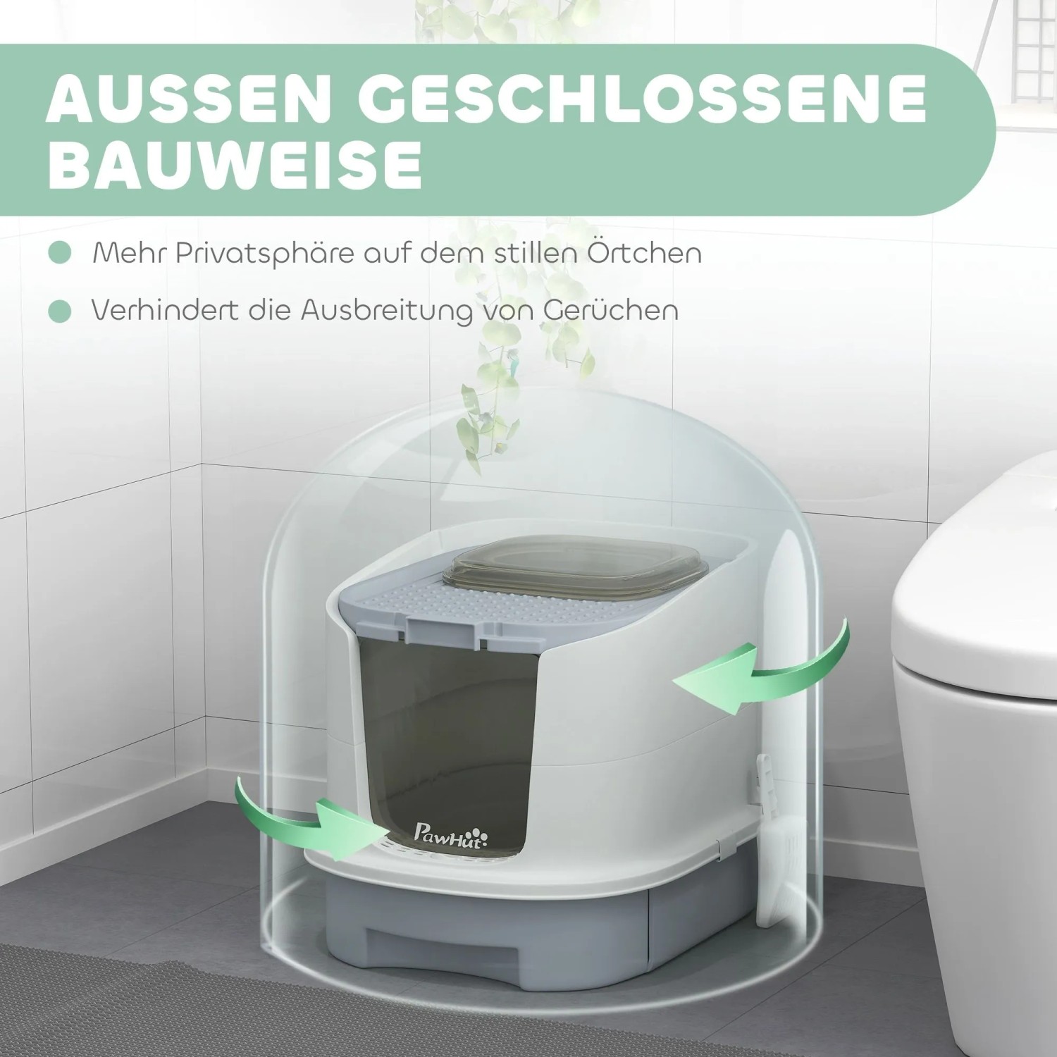 PawHut geschlossenes Katzenklo aus Kunststoff in Grau-Weiß. Bietet Privatsphäre und Geruchskontrolle für Katzen.