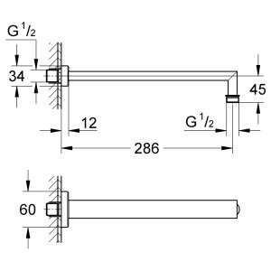 Technische Zeichnung: Grohe Rainshower Brausearm, eckig, 286 mm, Chrom, mit Maßangaben.