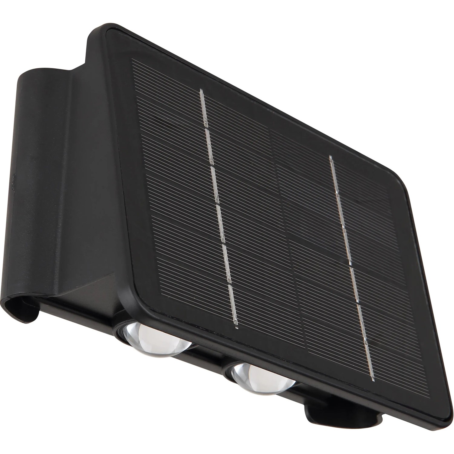 Schwarze Globo LED Solar-Wandleuchte, 17 cm breit, mit Solarpanel und zwei Leuchten.