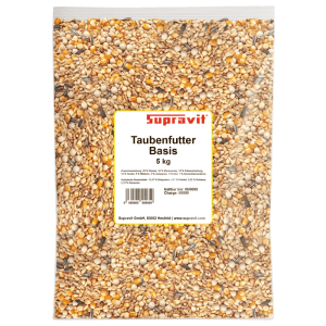 Supravit Taubenfutter Basis 5 kg: Körnermischung in transparenter Tüte, ideal für alle Taubenarten.
