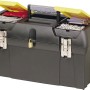 Schwarze Stanley Werkzeugbox Millenium 19 Zoll mit gelben Organizerfächern und herausnehmbarer Ablage.