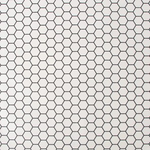 Weiße Vliestapete mit schwarzem Hexagon-Gittermuster.