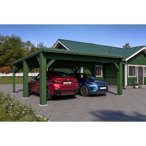 Chromgrün-Dornengrüner Holzbrüder Carport Ralf 36 mit zwei geparkten Autos.