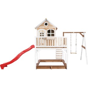 Axi Liam Spielhaus mit Schaukel, Rutsche, Sandkasten, Holz, braun-weiß-rot.