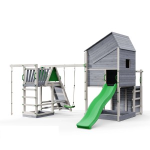 Spielturm Funky Combo: Holzspielplatz mit Rutsche, Schaukel und Kletterwand.