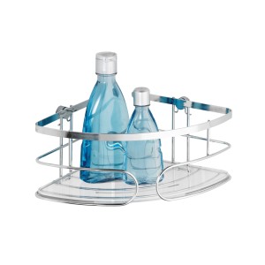 Wenko Eckablage Premium aus Edelstahl, 26,5x10cm, mit zwei blauen Flaschen. Badregal zur Wandmontage.