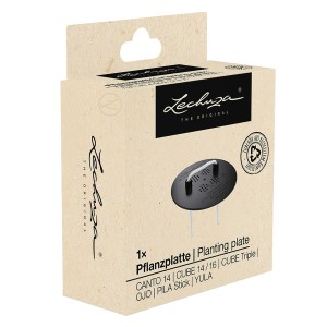 Lechuza Pflanzplatte für Gefäße mit Stick-Bewässerungssystem in Schwarz, Verpackung.