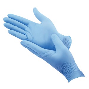Blauer Nitril-Einweghandschuh Hygienic One, Größe 7, für Arbeiten in Labor und Küche, 100 Stück.