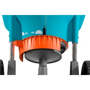 Detailansicht des Gardena Streuwagen XL: Streuscheibe und Dosierungseinstellung.