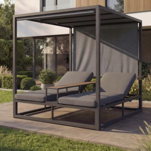 Dunkelgraue Alu Lounge-Gartenliege mit grauem Polster und verstellbarem Dach.