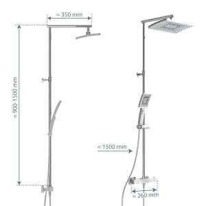 Schütte Überkopf-Brauseset Trento mit Thermostatarmatur, Chrom, mit Maßangaben.