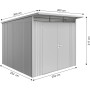 Biohort Metall-Gerätehaus AvantGarde Gr. A7 in Silbermetallic mit Doppeltür und Maßangaben.
