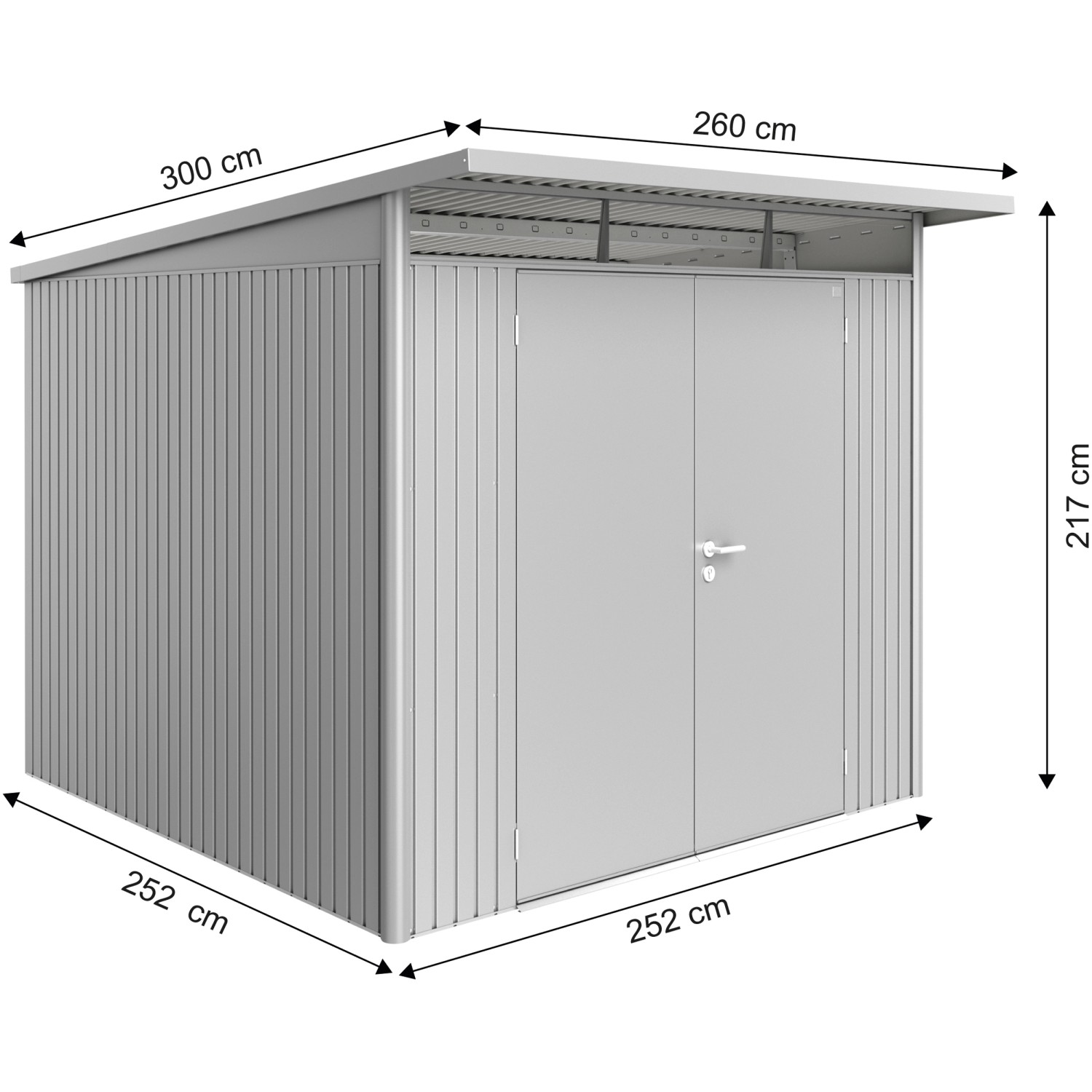 Biohort Metall-Gerätehaus AvantGarde Gr. A7 in Silbermetallic mit Doppeltür und Maßangaben.