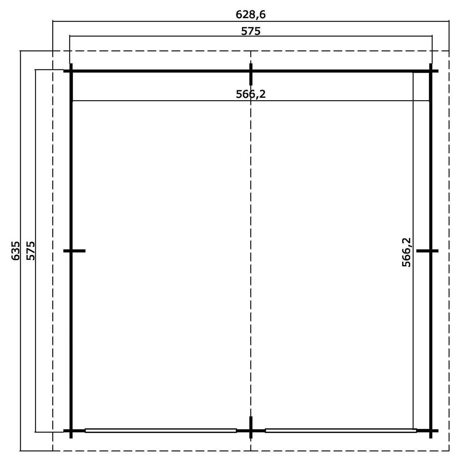 Grundriss der Lasita Maja Doppelgarage Falkland aus Holz, 575x575 cm, mit Maßangaben.