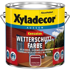 Dose Xyladecor Consolan Wetterschutzfarbe in Schwedenrot, seidenglänzend, für Holz im Außenbereich.