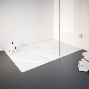 Rechteckige, weiße Schulte Duschwanne ExpressPlus 140x90 cm aus Mineralguss mit Ablaufgarnitur.