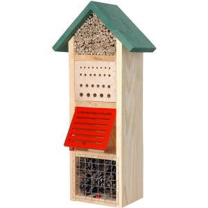 Dobar Insektenhotel-Turm aus Holz mit Schilf, Zapfen und roter Klappe, 50cm hoch.