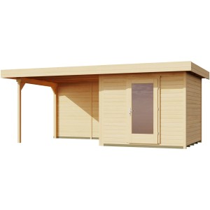 Unbehandeltes Holz-Gartenhaus Florenz mit Flachdach und Anbau, 530x314 cm.