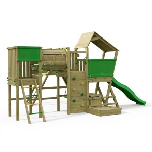 Spielturm Funky Combo mit Rutsche, Kletterwand, Schaukel und Sandkasten für Kinder.