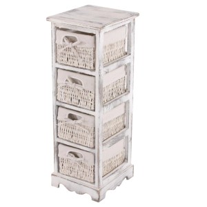 Weißes MCW Regal mit 4 Korbschubladen. Kommode aus Holz mit geflochtenen Schubfächern.