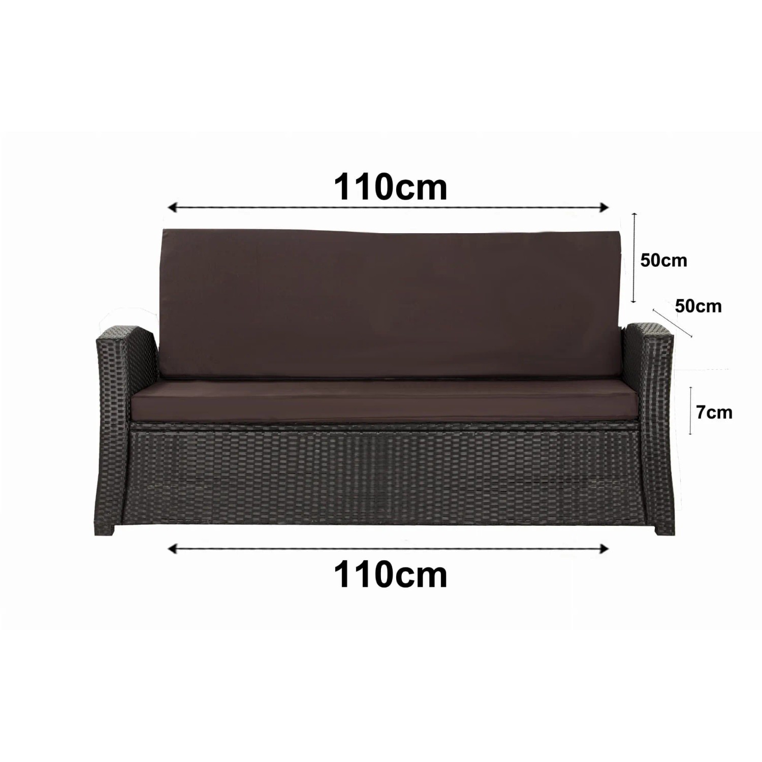 Braunes Gartenkissen-Set für 2-Sitzer Polyrattan-Gartensofa, 110x50x50 cm.