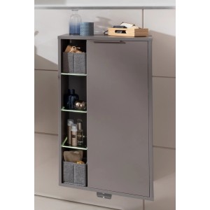 Fackelmann B.Paris Midischrank, Cubanit Grau, mit Tür rechts und LED-beleuchteten Fächern.